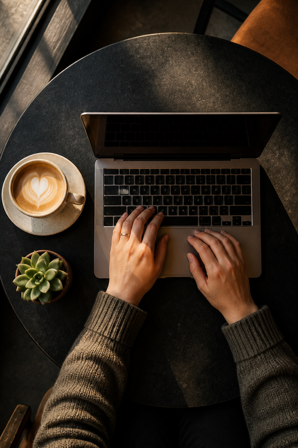 Overhead view of hands on a laptop with a coffee — calm, focused, human