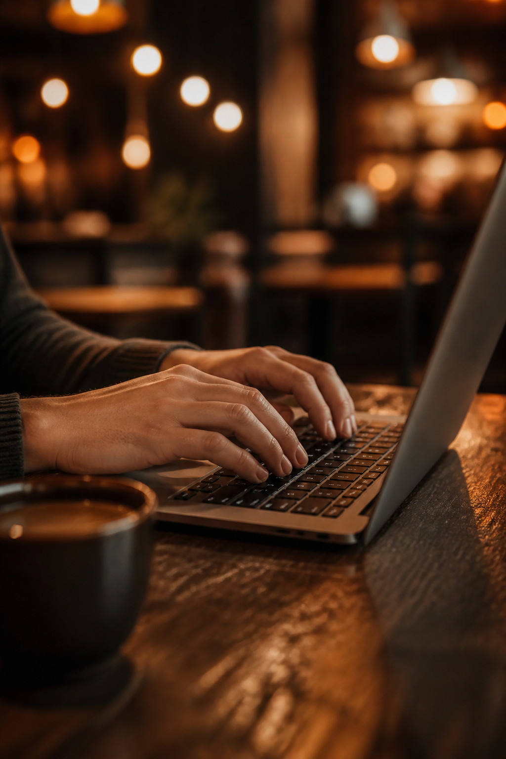 Hands on a laptop at a warm coffee shop — modern, approachable, no pressure